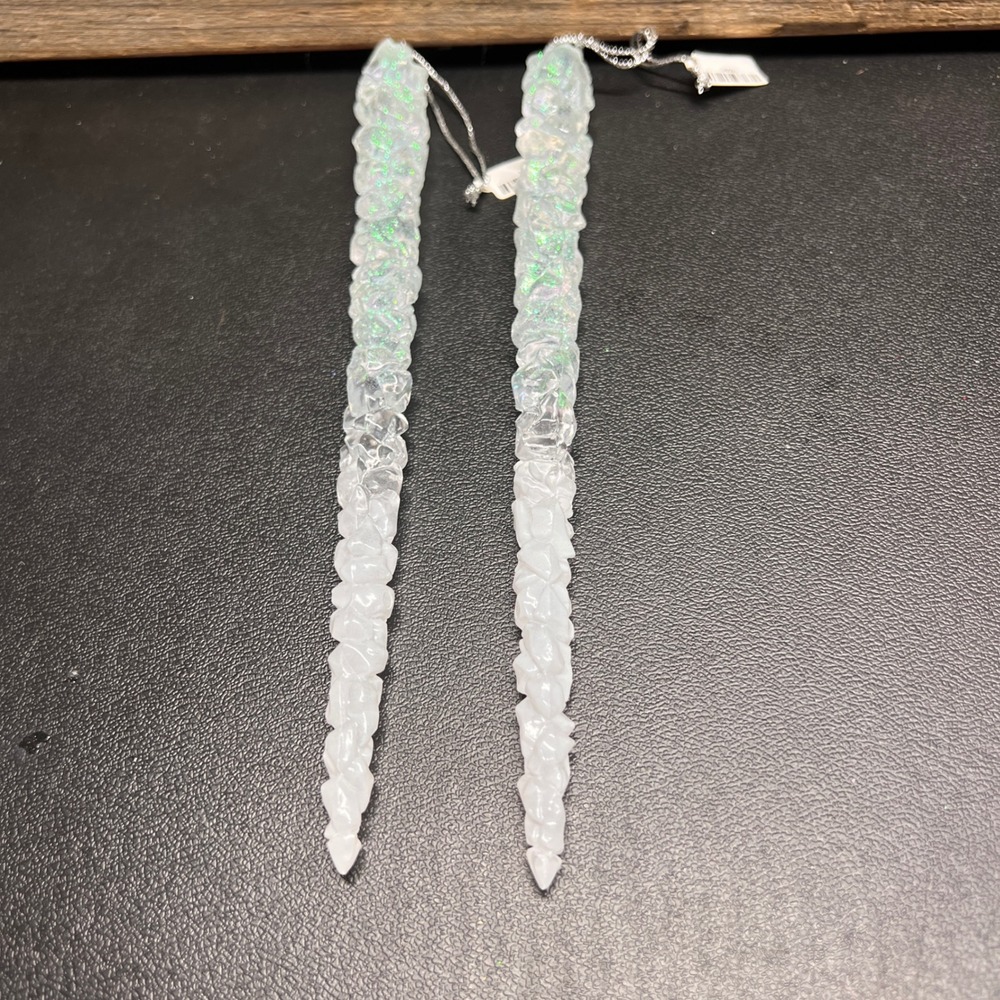 Glitter Icicle Christmas Ornaments Set of 2 Iridescent White 9 Inch